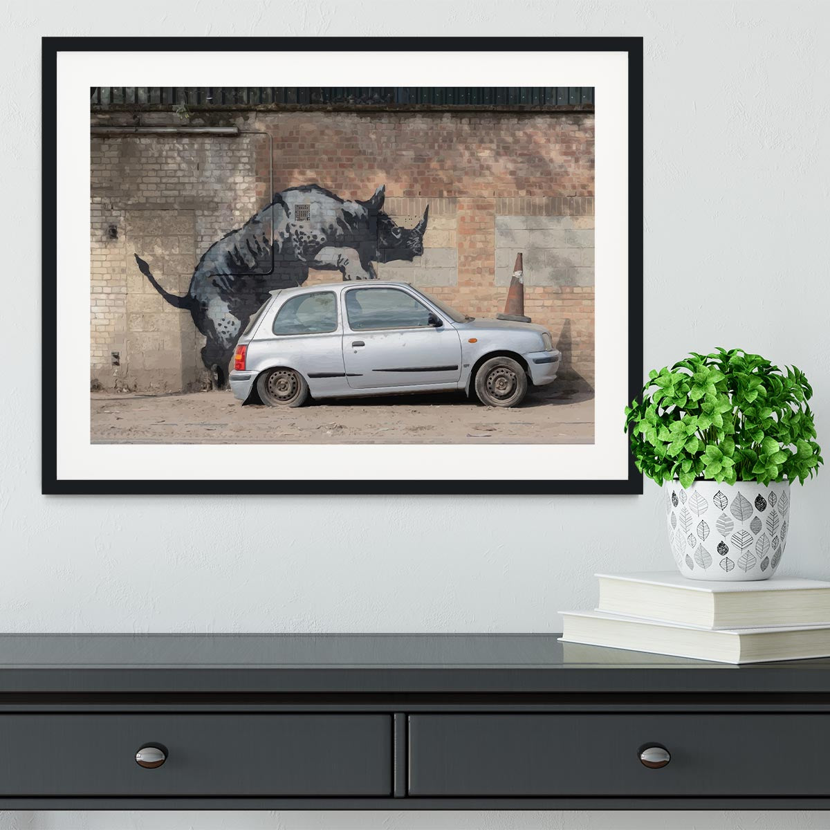 Banksy Rhino In Charlton Framed Print - Canvas Art Rocks - 1