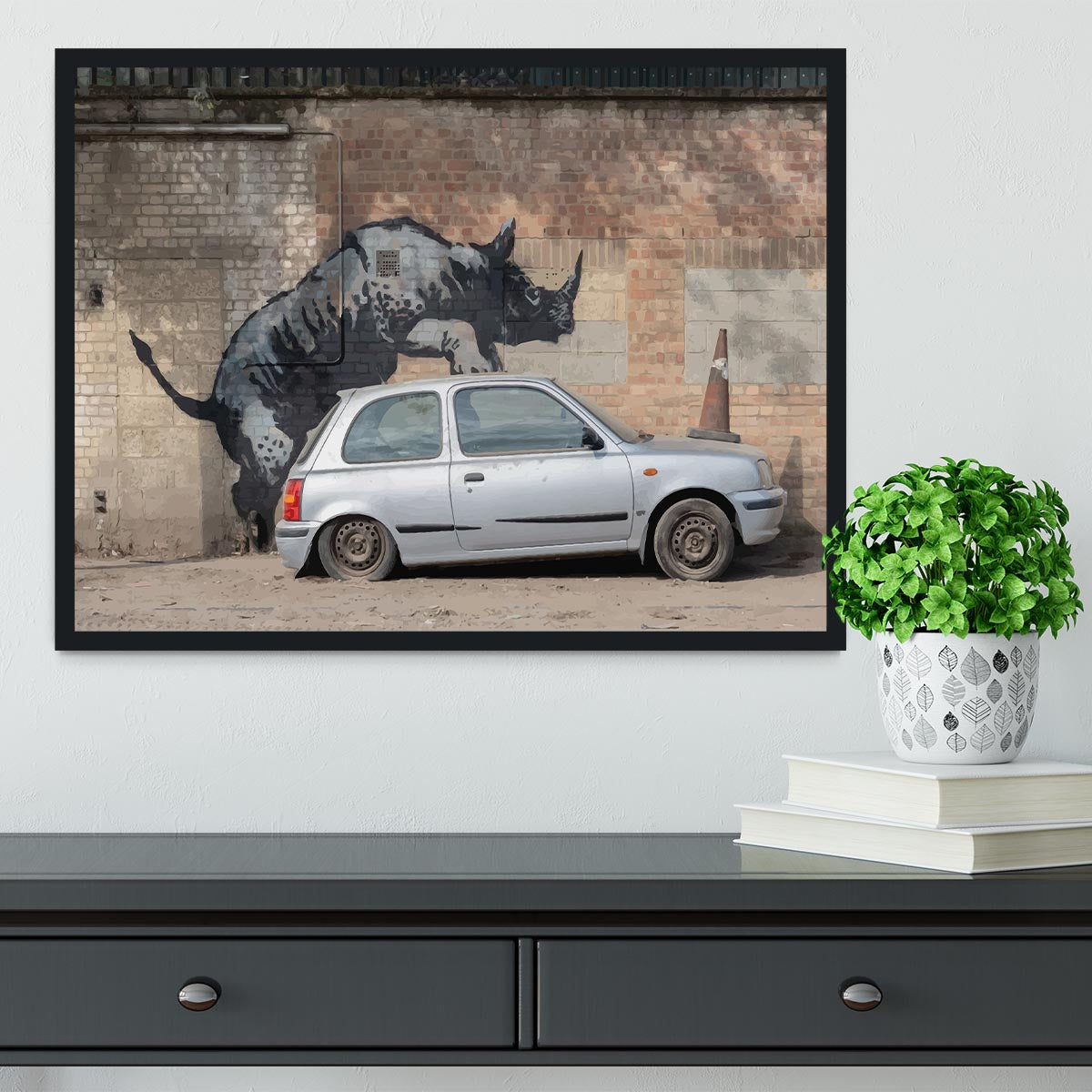 Banksy Rhino In Charlton Framed Print - Canvas Art Rocks - 2