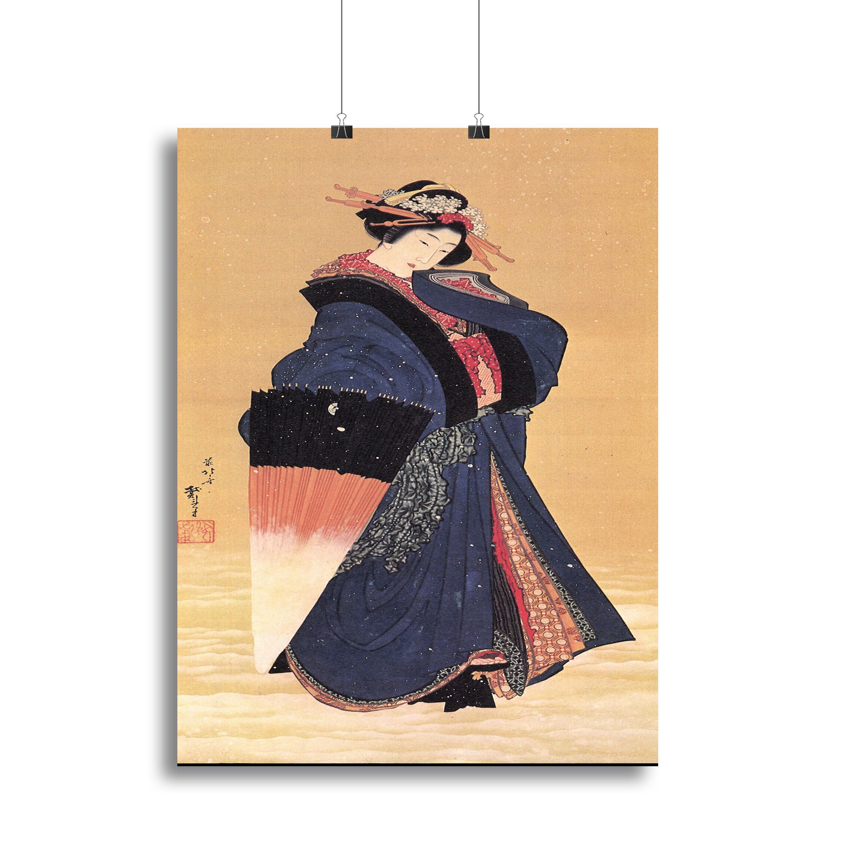 Beauty with umbrella in the snow by Hokusai Poster - Unframed