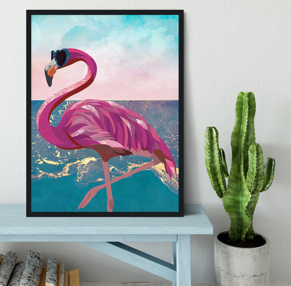 Flamingo goes to the beach Framed Print - 1x - 2