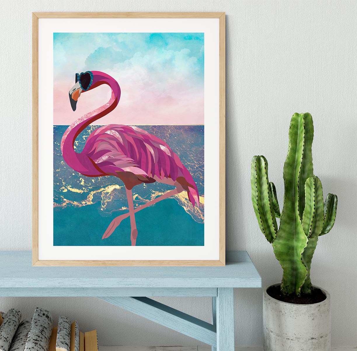 Flamingo goes to the beach Framed Print - 1x - 3