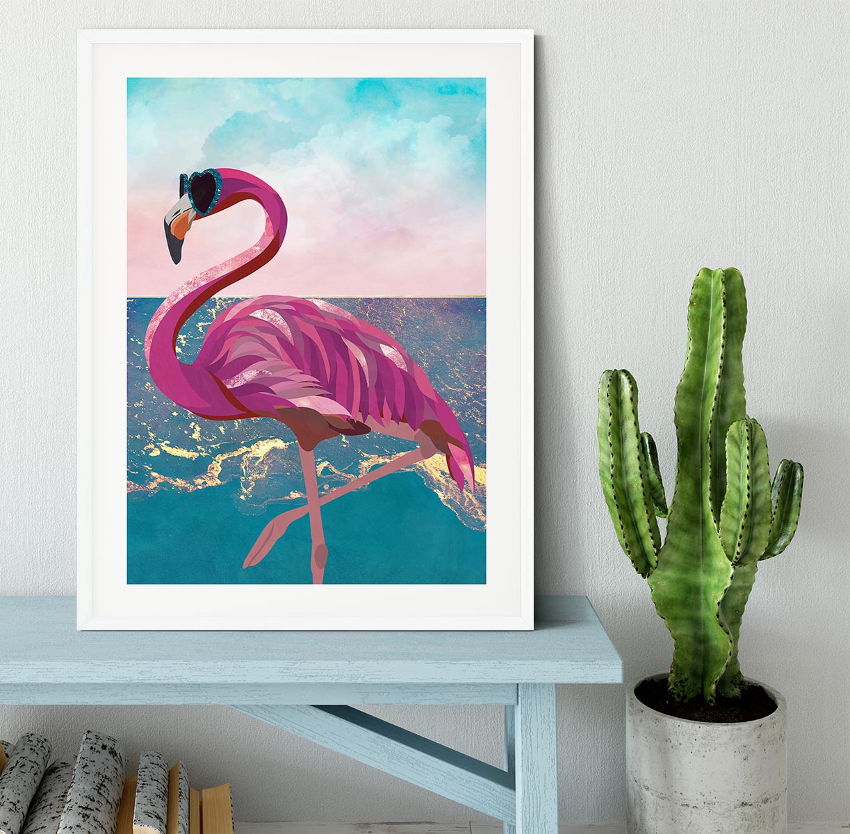 Flamingo goes to the beach Framed Print - 1x - 5