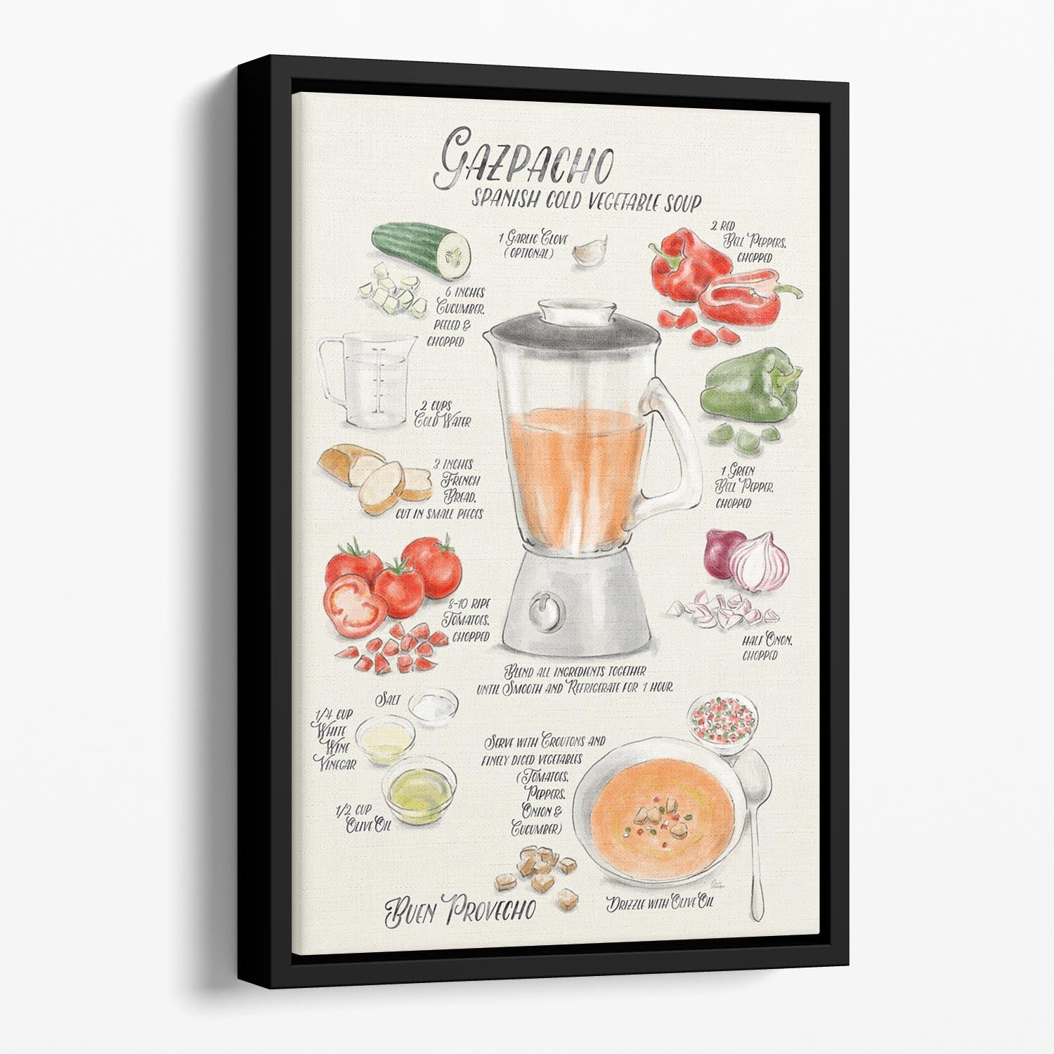 Gazpacho illustrated recipe in English Floating Framed Canvas - Canvas Art Rocks - 1