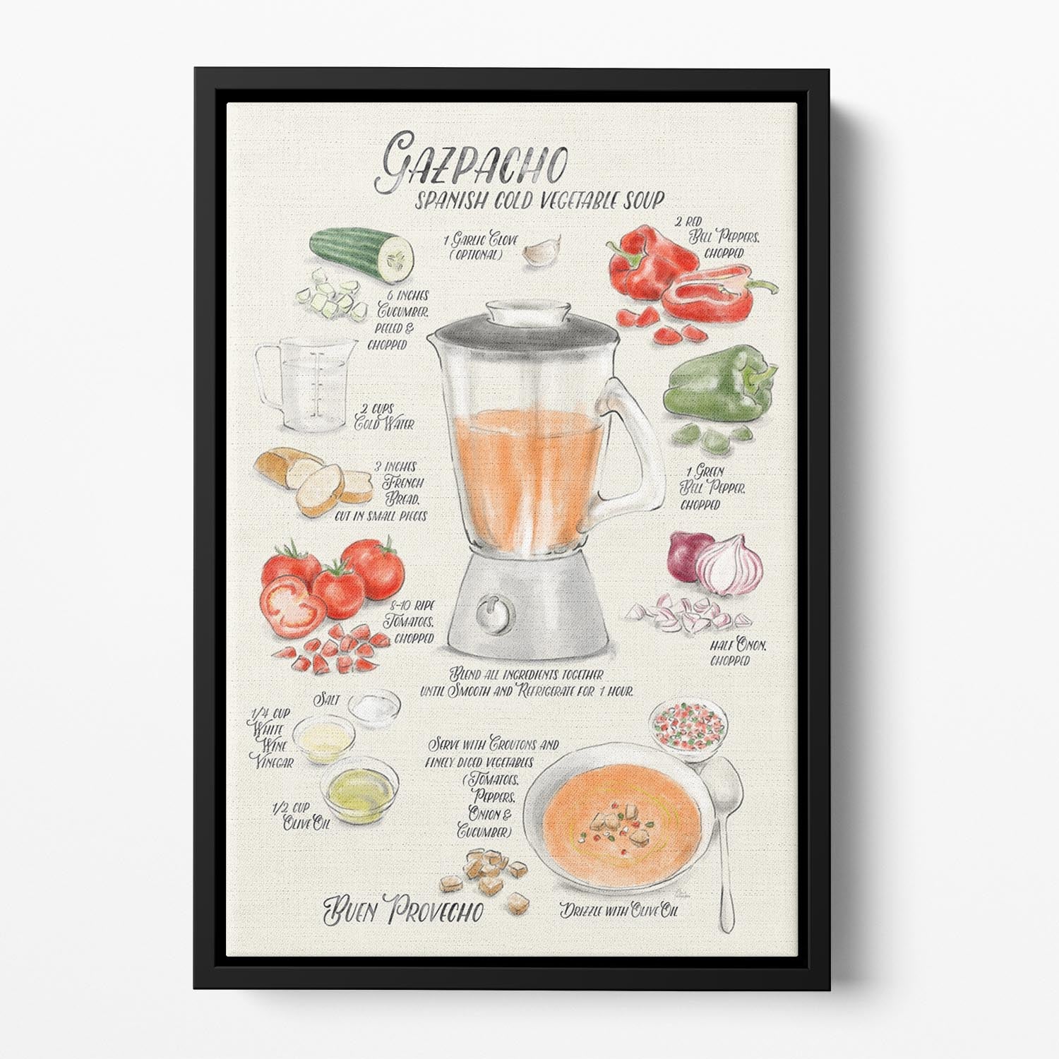 Gazpacho illustrated recipe in English Floating Framed Canvas - Canvas Art Rocks - 2