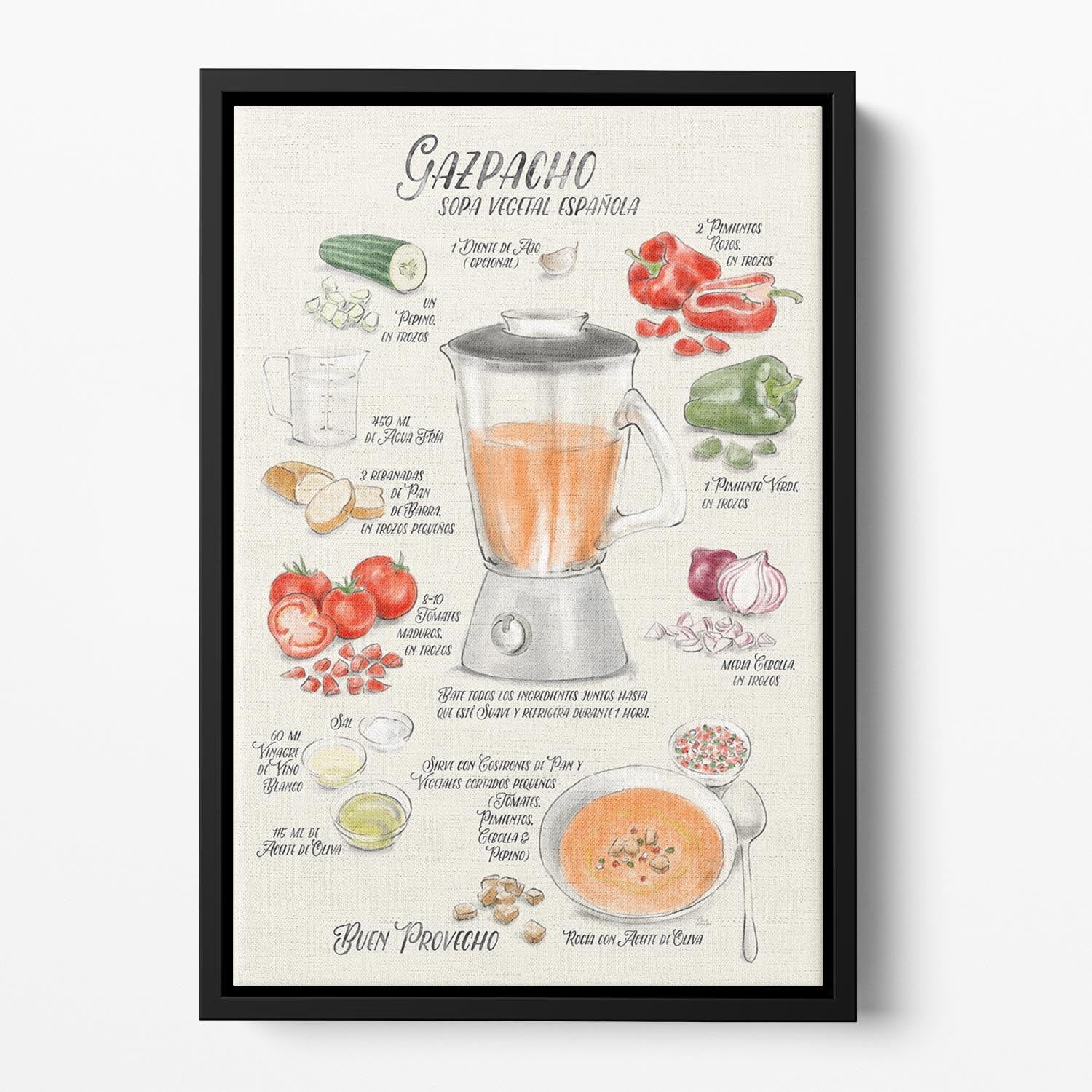 Gazpacho illustrated recipe in Spanish Floating Framed Canvas - Canvas Art Rocks - 2