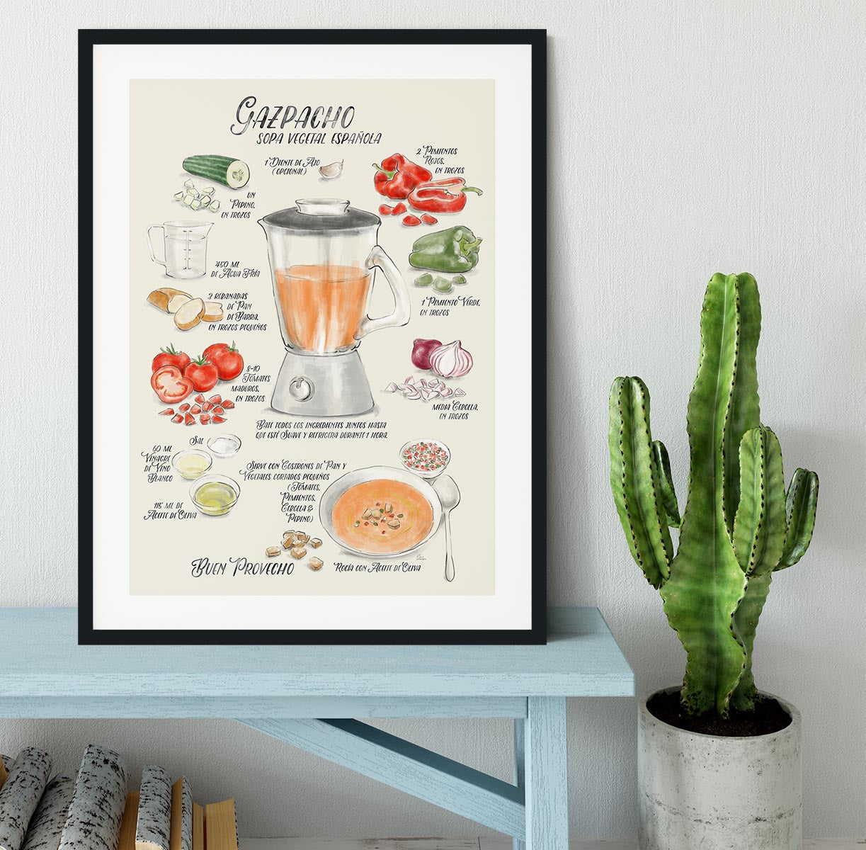 Gazpacho illustrated recipe in Spanish Framed Print - Canvas Art Rocks - 1