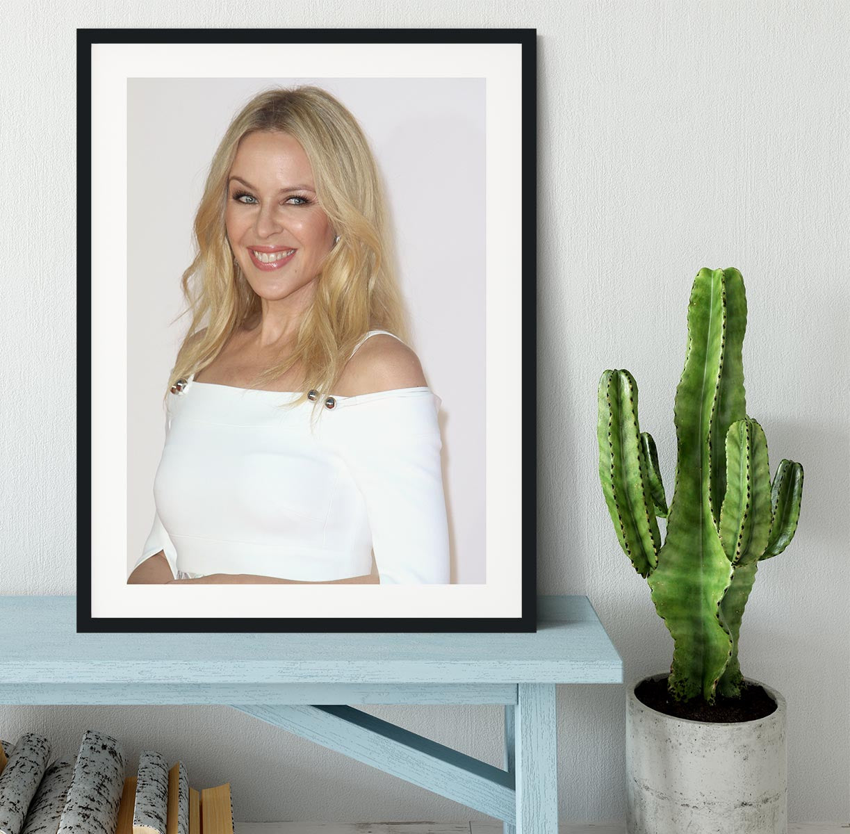 Kylie Minogue in white Framed Print - Canvas Art Rocks - 1