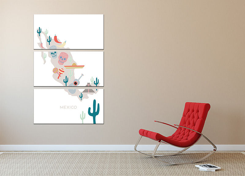 Mexico Map 3 Split Panel Canvas Print - 1x - 2