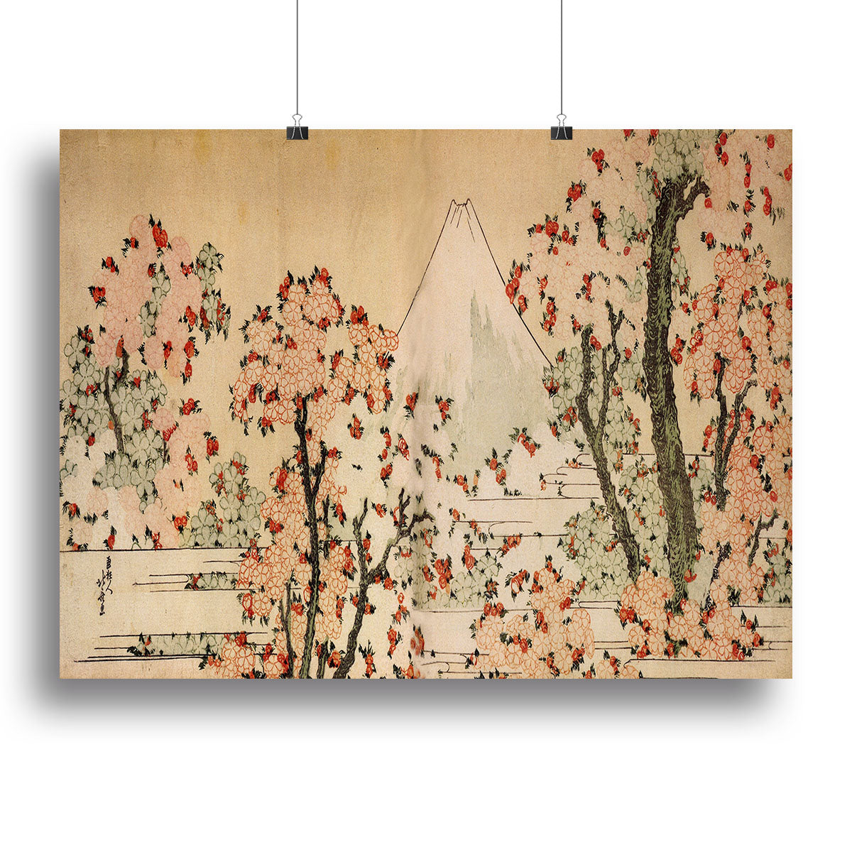 Mount Fuji behind cherry trees and flowers by Hokusai Poster - Unframed