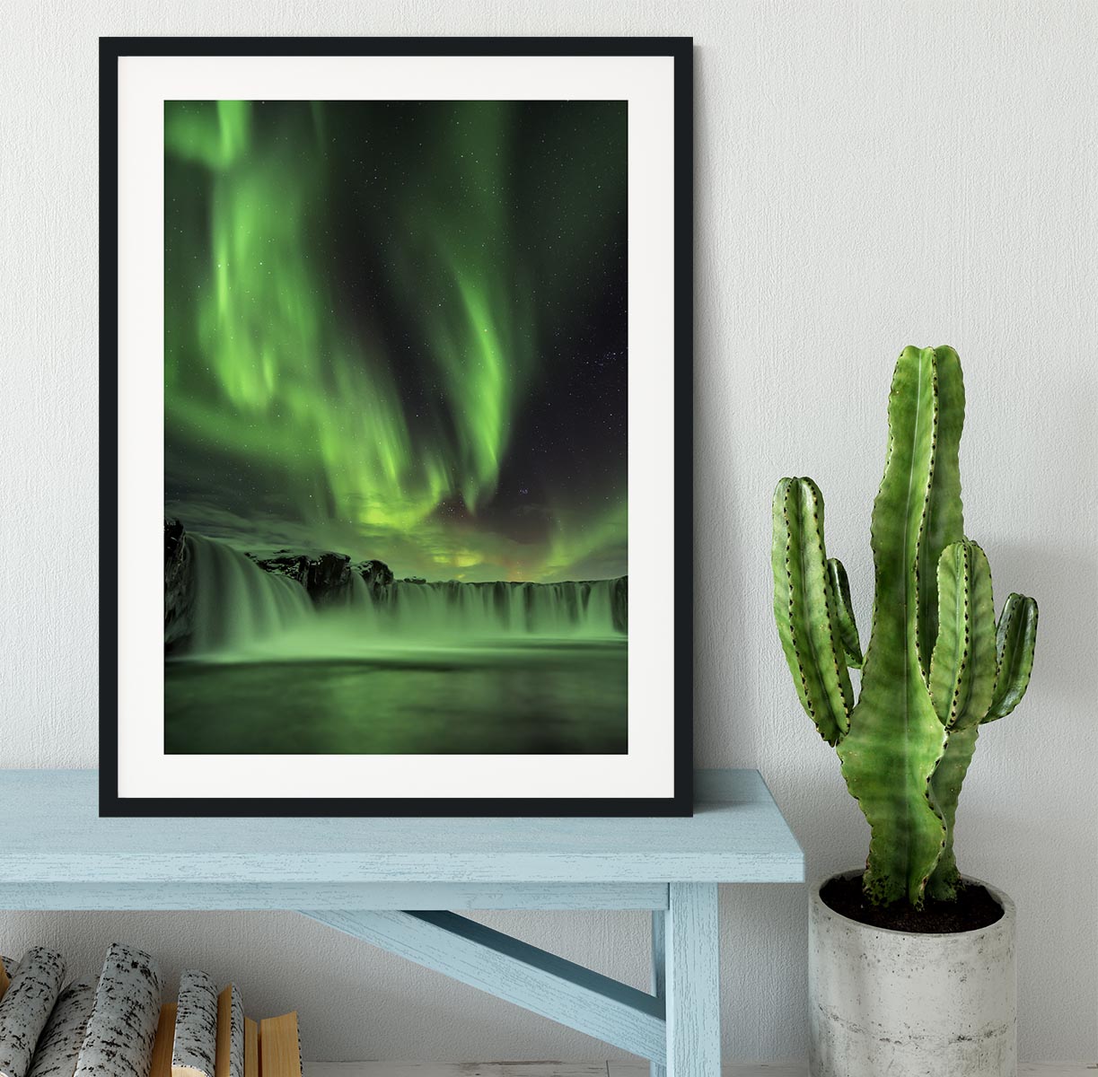 Northern light on Godafoss Framed Print - Canvas Art Rocks - 1