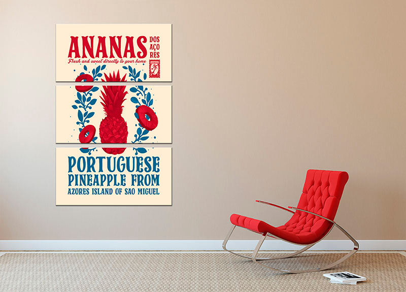 Pineapple kitchen print 3 Split Panel Canvas Print - Canvas Art Rocks - 2