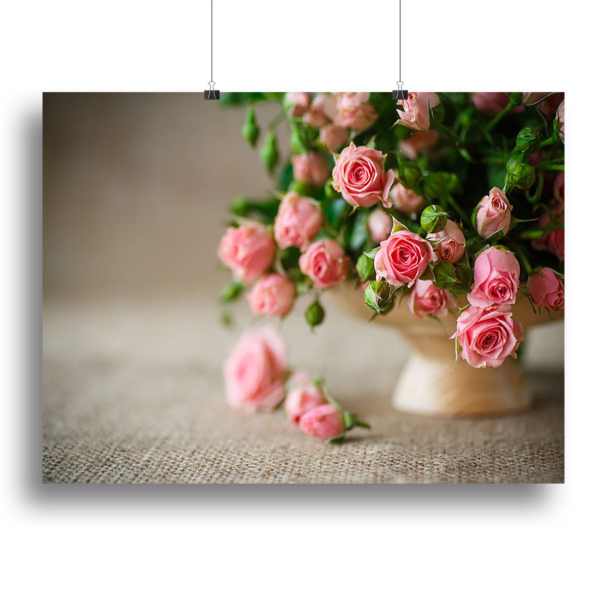 Pink roses on an old table of burlap Poster - Unframed