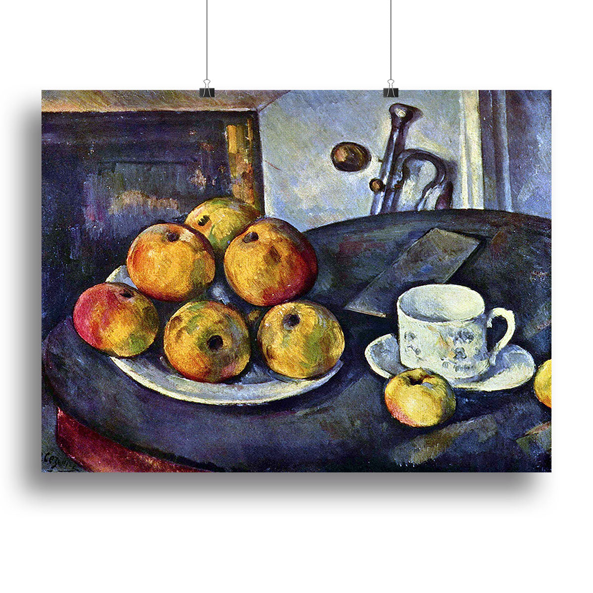 Still life with a bottle and apple cart by Cezanne Poster - Unframed