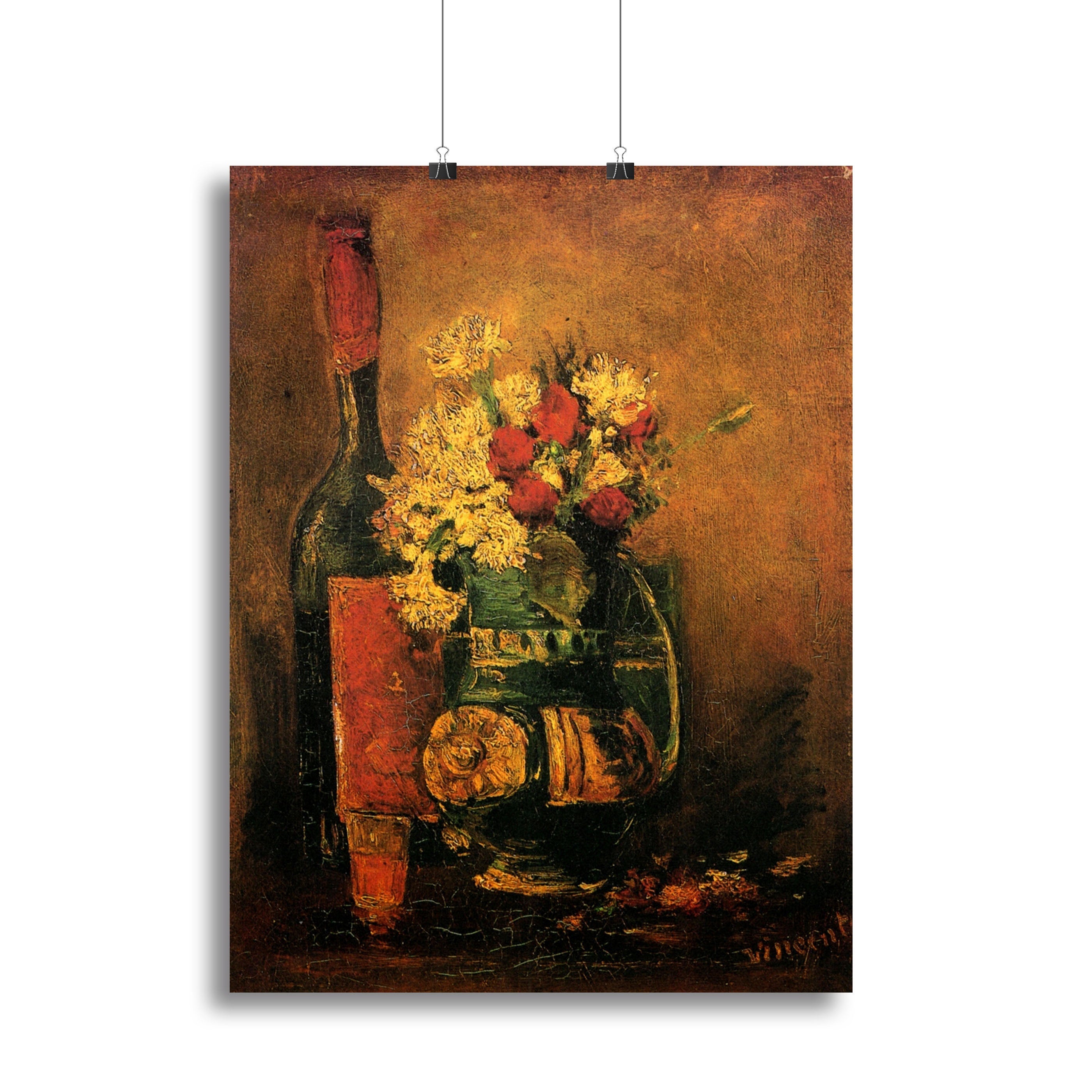 Vase with Carnations and Roses and a Bottle by Van Gogh Poster - Unframed