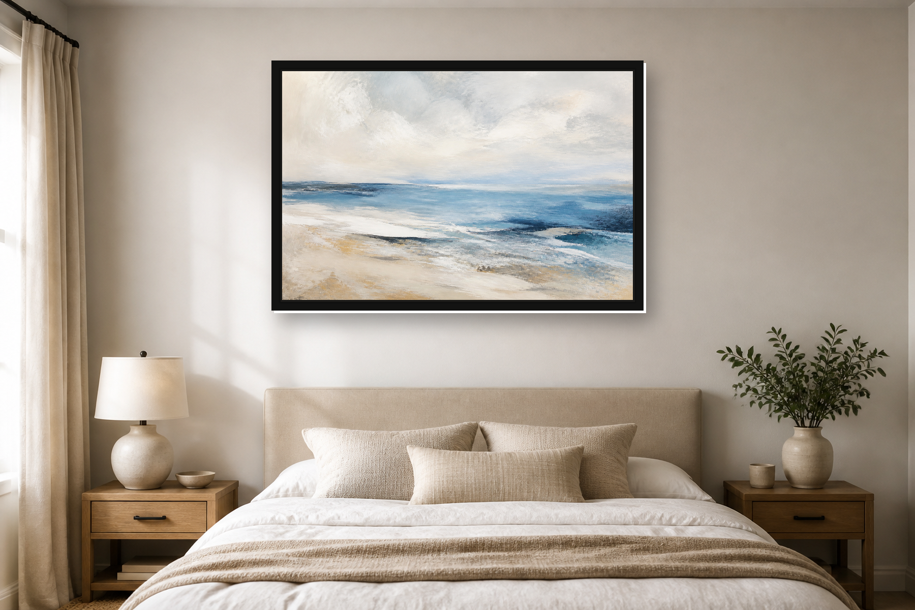 Abstract Coastal Horizon Blue Sand Floating Framed Canvas