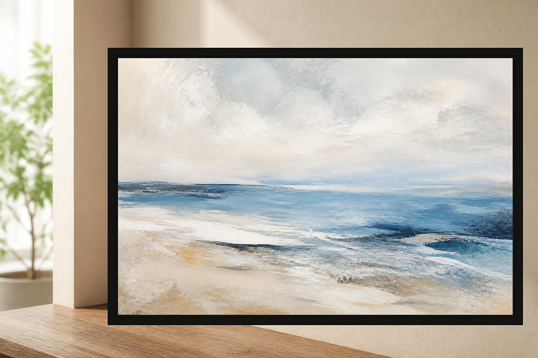 Abstract Coastal Horizon Blue Sand Floating Framed Canvas