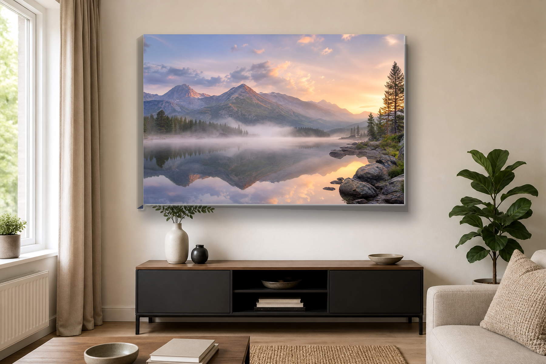 Misty Mountain Lake Sunrise Canvas Print
