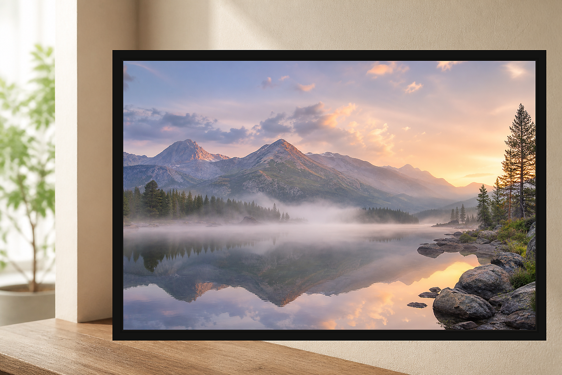 Misty Mountain Lake Sunrise Floating Framed Canvas
