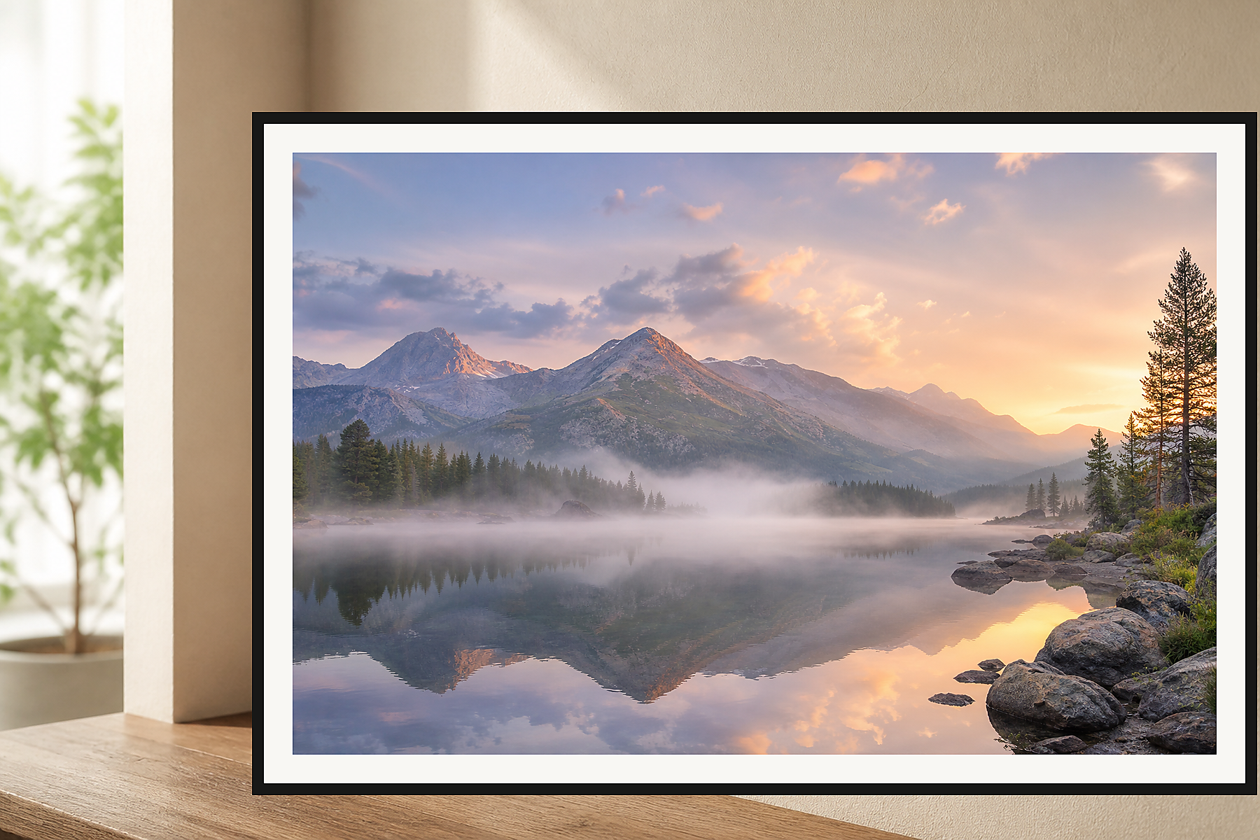 Misty Mountain Lake Sunrise Framed Print or Poster