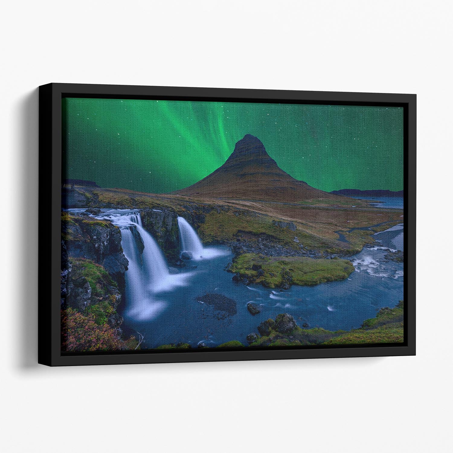 KirkjufellUnder A Boreal Green Sky Floating Framed Canvas - Canvas Art Rocks - 1