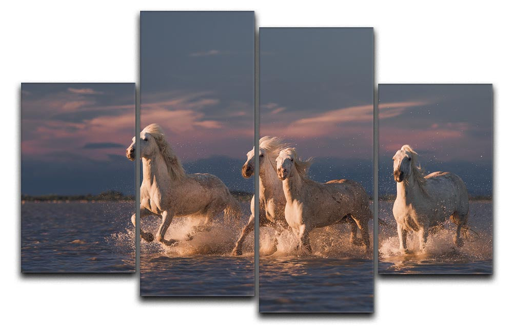 Wite Horses Running In Water 2 4 Split Panel Canvas - Canvas Art Rocks - 1