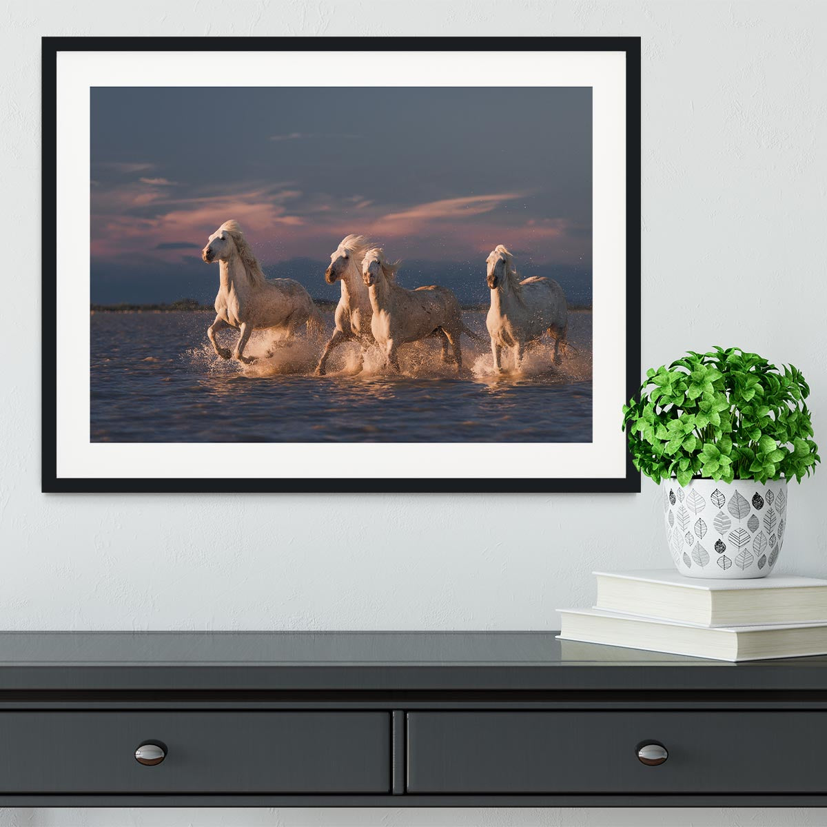 Wite Horses Running In Water 2 Framed Print - Canvas Art Rocks - 1
