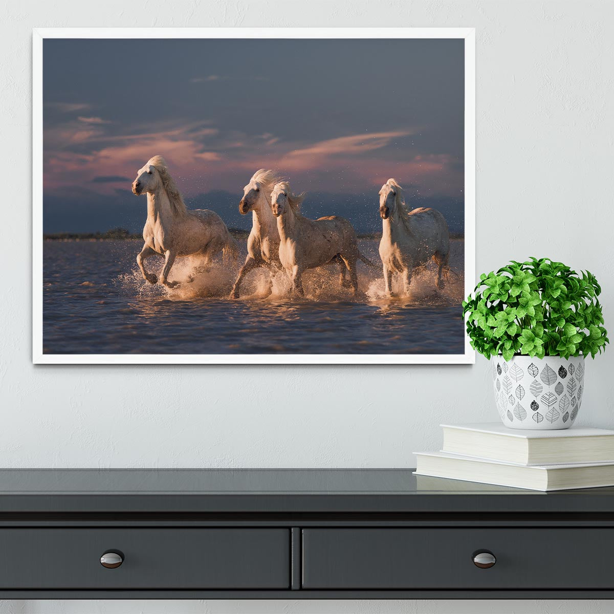 Wite Horses Running In Water 2 Framed Print - Canvas Art Rocks -6
