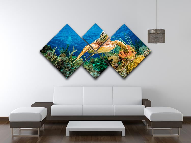 Hawksbill Turtle Swimming Through Caribbean Reef 4 Square Multi Panel Canvas - Canvas Art Rocks - 3