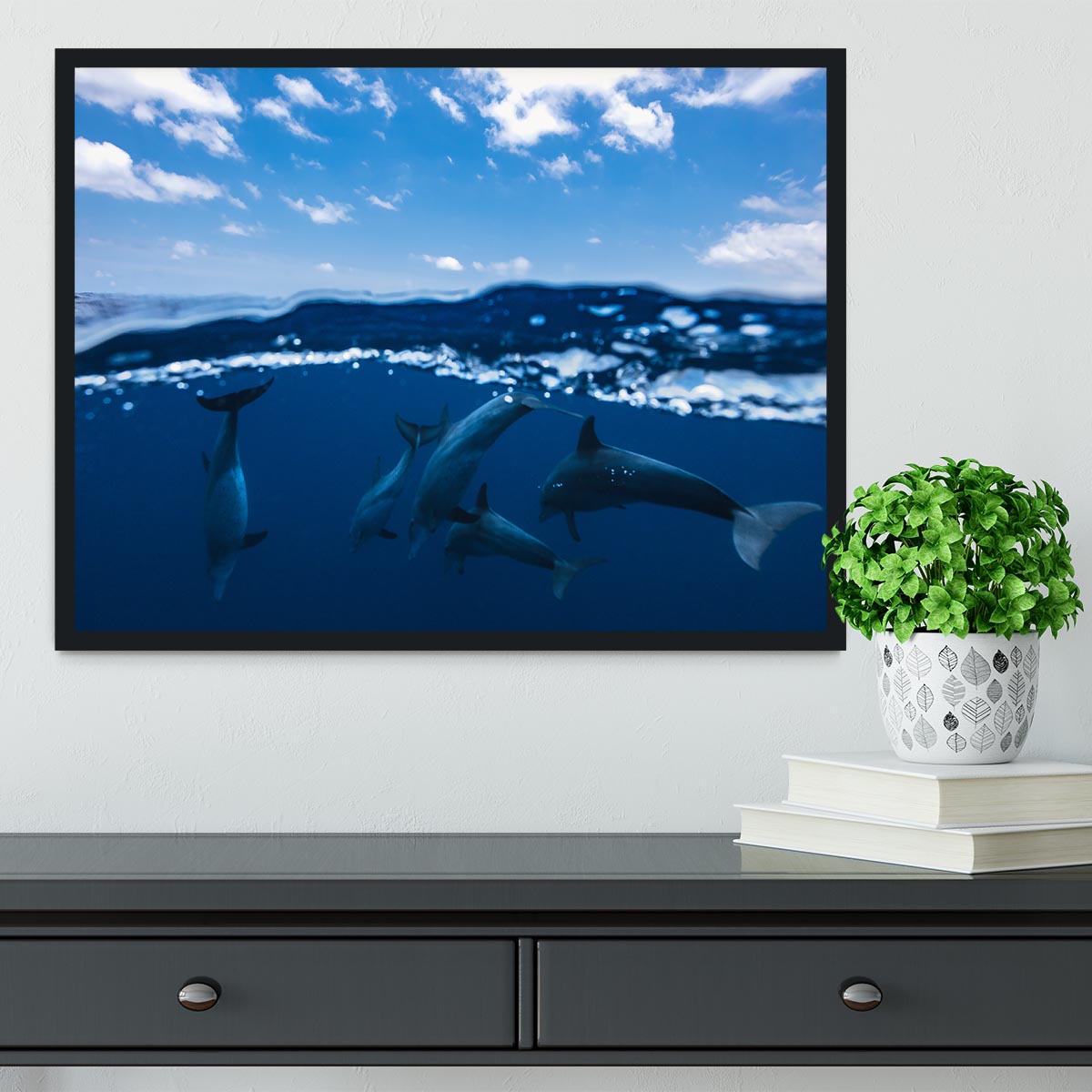 Between Air And Water With The Dolphins Framed Print - Canvas Art Rocks - 2