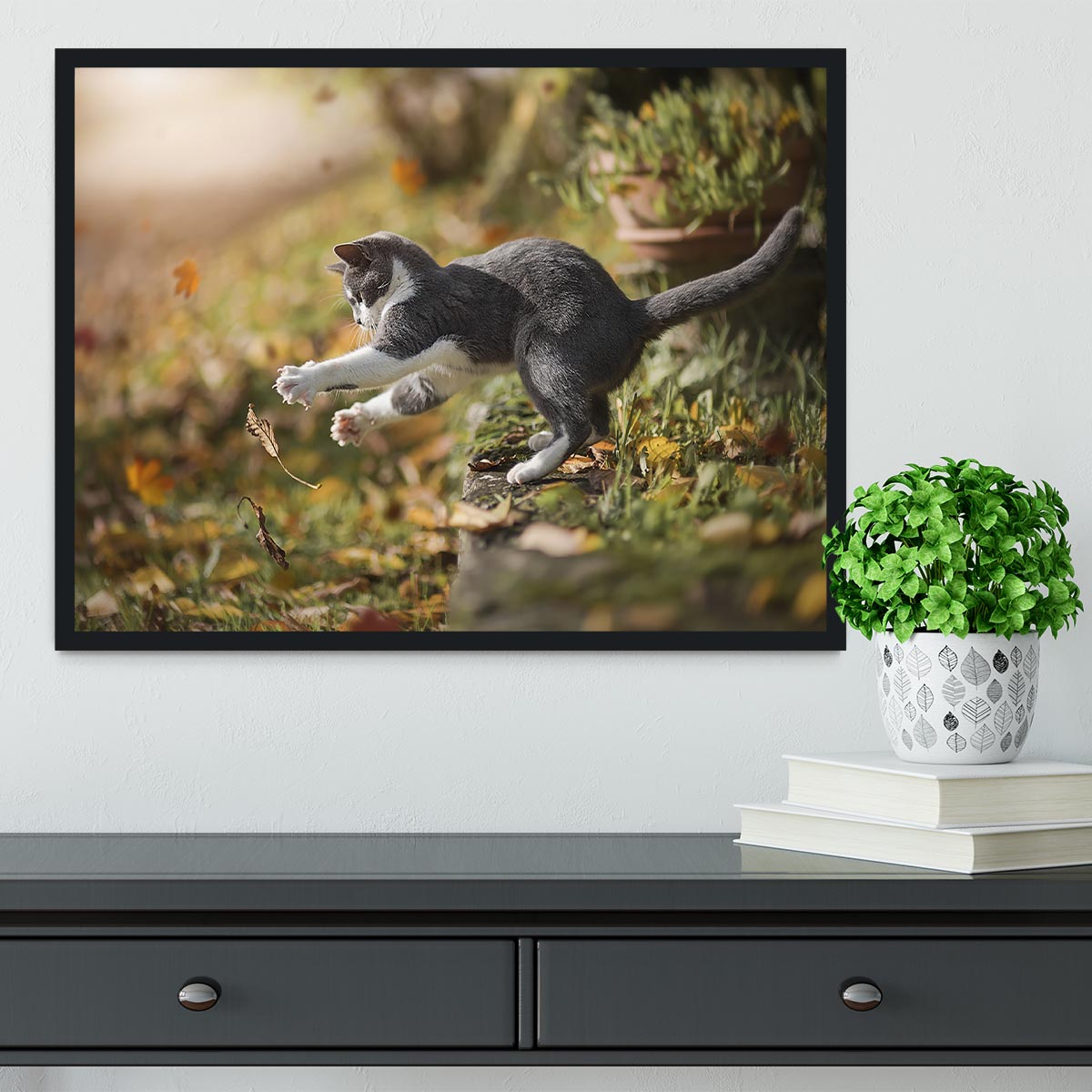 Cat Autumn Play Framed Print - Canvas Art Rocks - 2