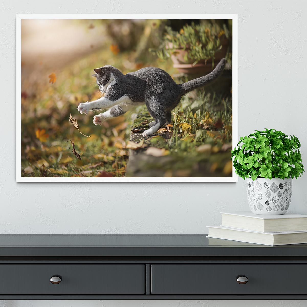 Cat Autumn Play Framed Print - Canvas Art Rocks -6