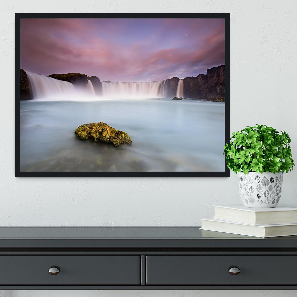 Godafoss And The Moon Framed Print - Canvas Art Rocks - 2