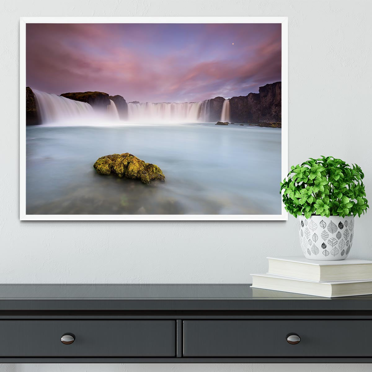 Godafoss And The Moon Framed Print - Canvas Art Rocks -6