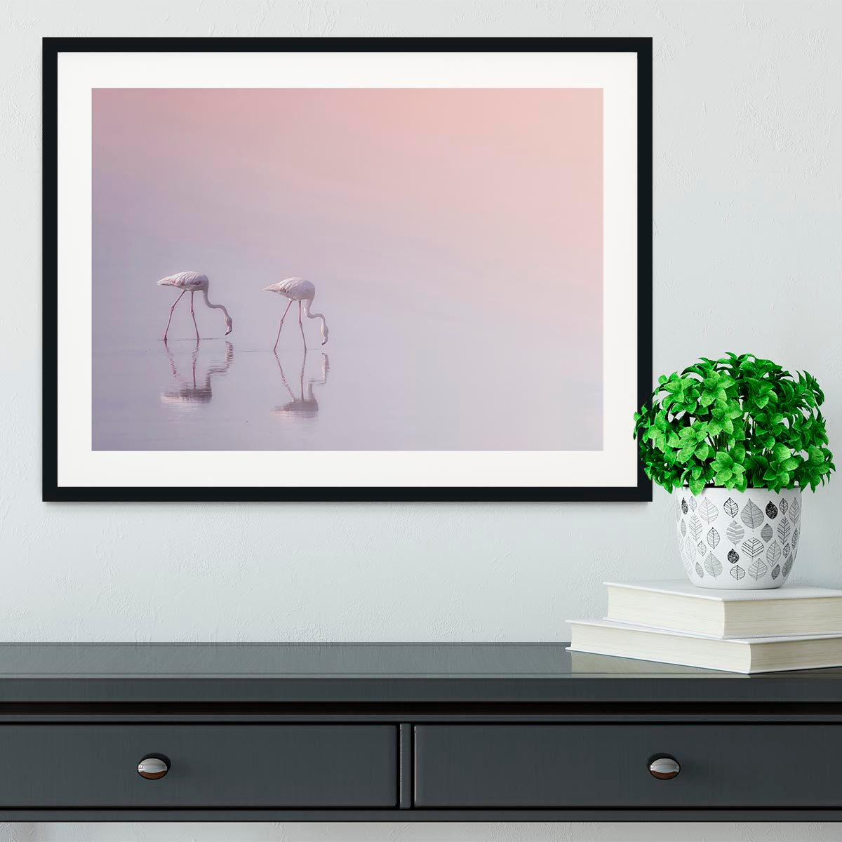 Flamingos Drinking Framed Print - Canvas Art Rocks - 1