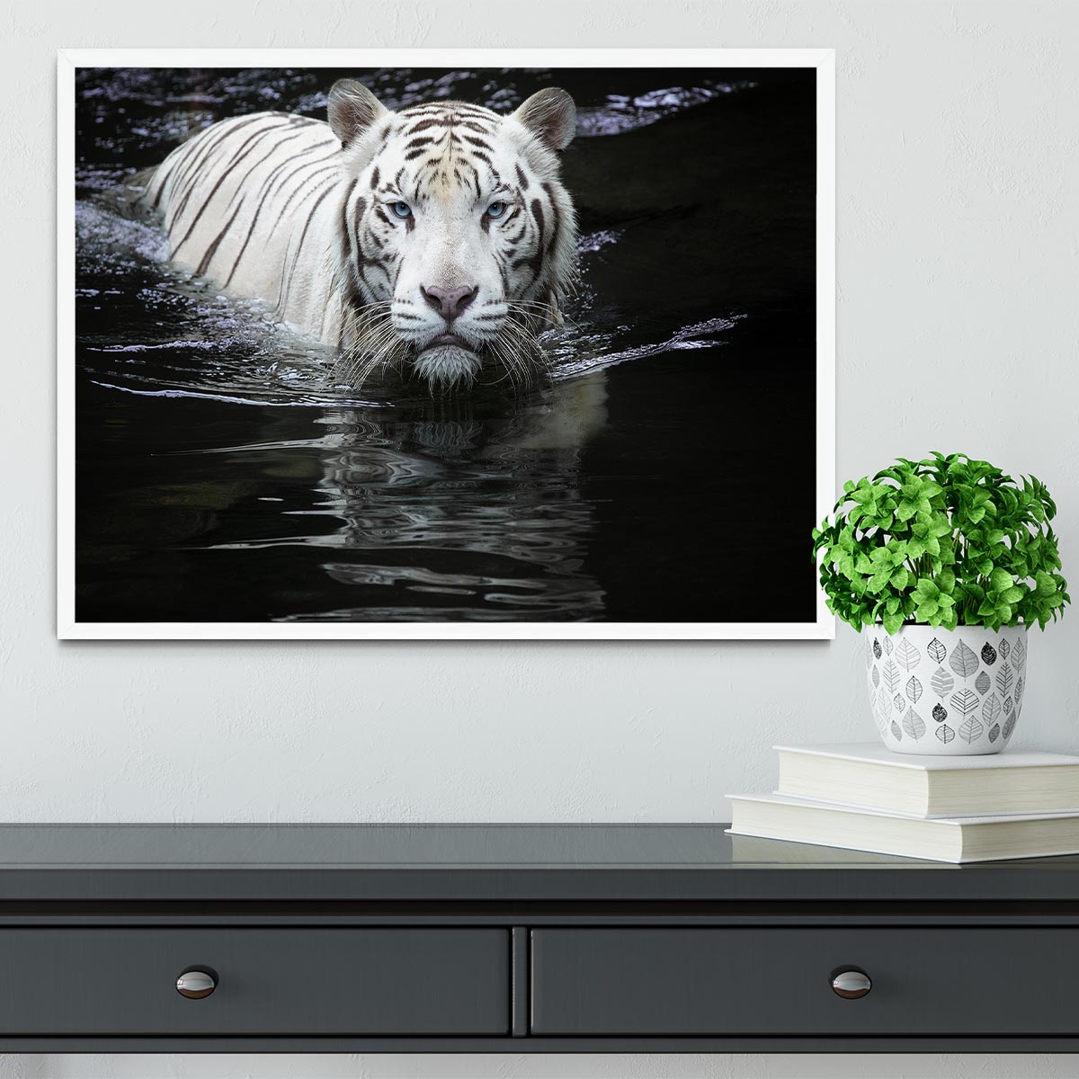 White Tiger Swimming Framed Print - Canvas Art Rocks -6