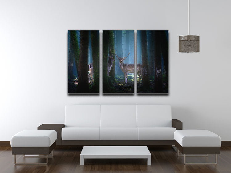 Deers In The Forest 3 Split Panel Canvas Print - Canvas Art Rocks - 3