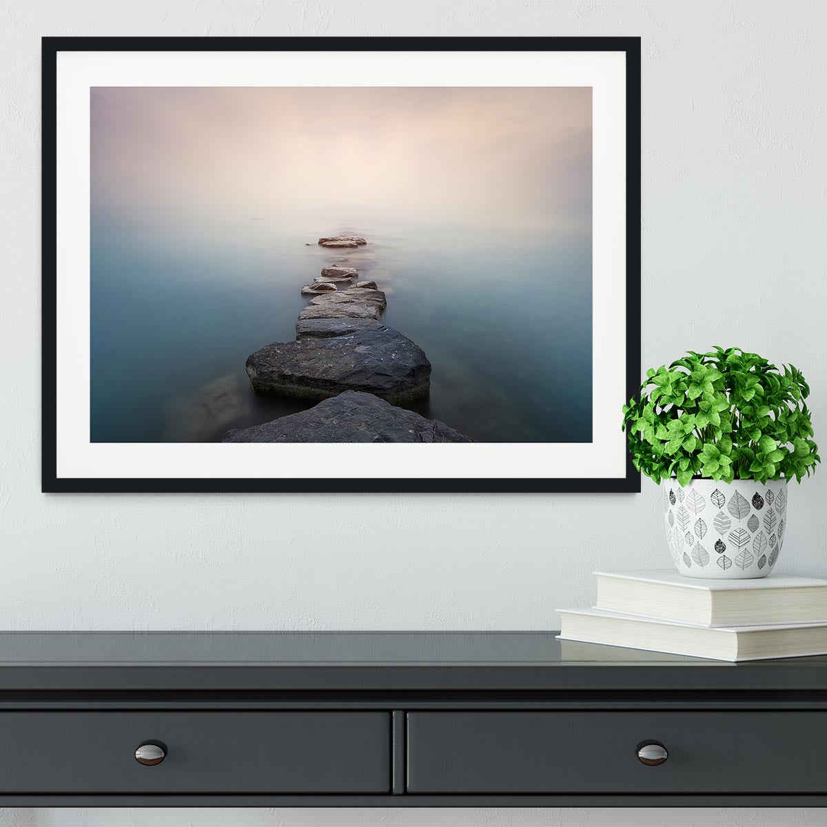 Stones Into The Misty Lake Framed Print - Canvas Art Rocks - 1