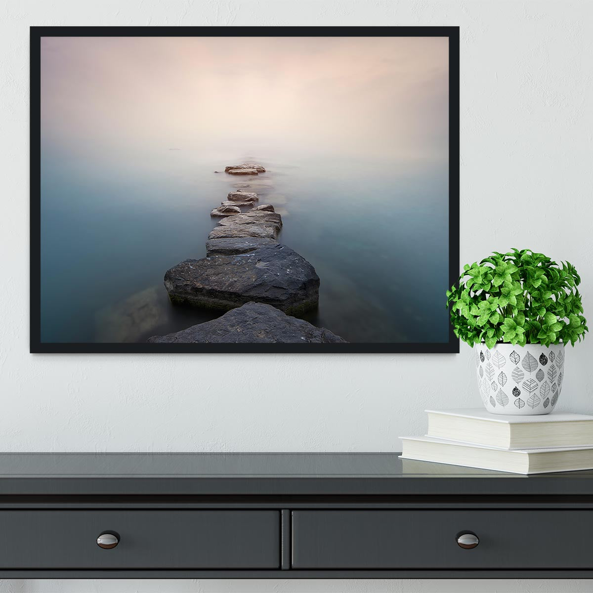 Stones Into The Misty Lake Framed Print - Canvas Art Rocks - 2