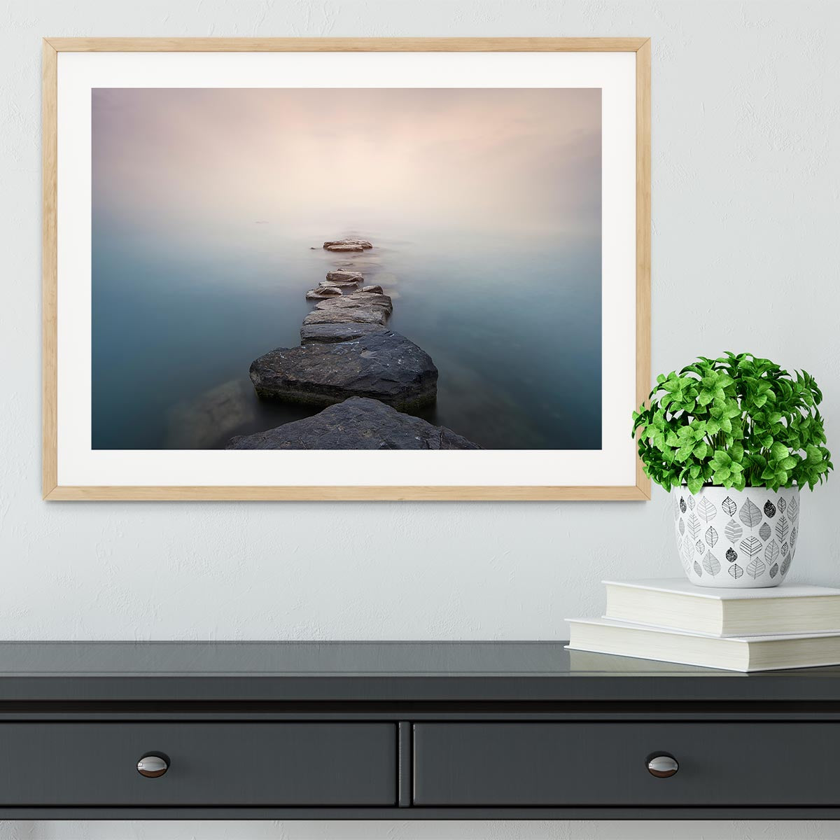 Stones Into The Misty Lake Framed Print - Canvas Art Rocks - 3