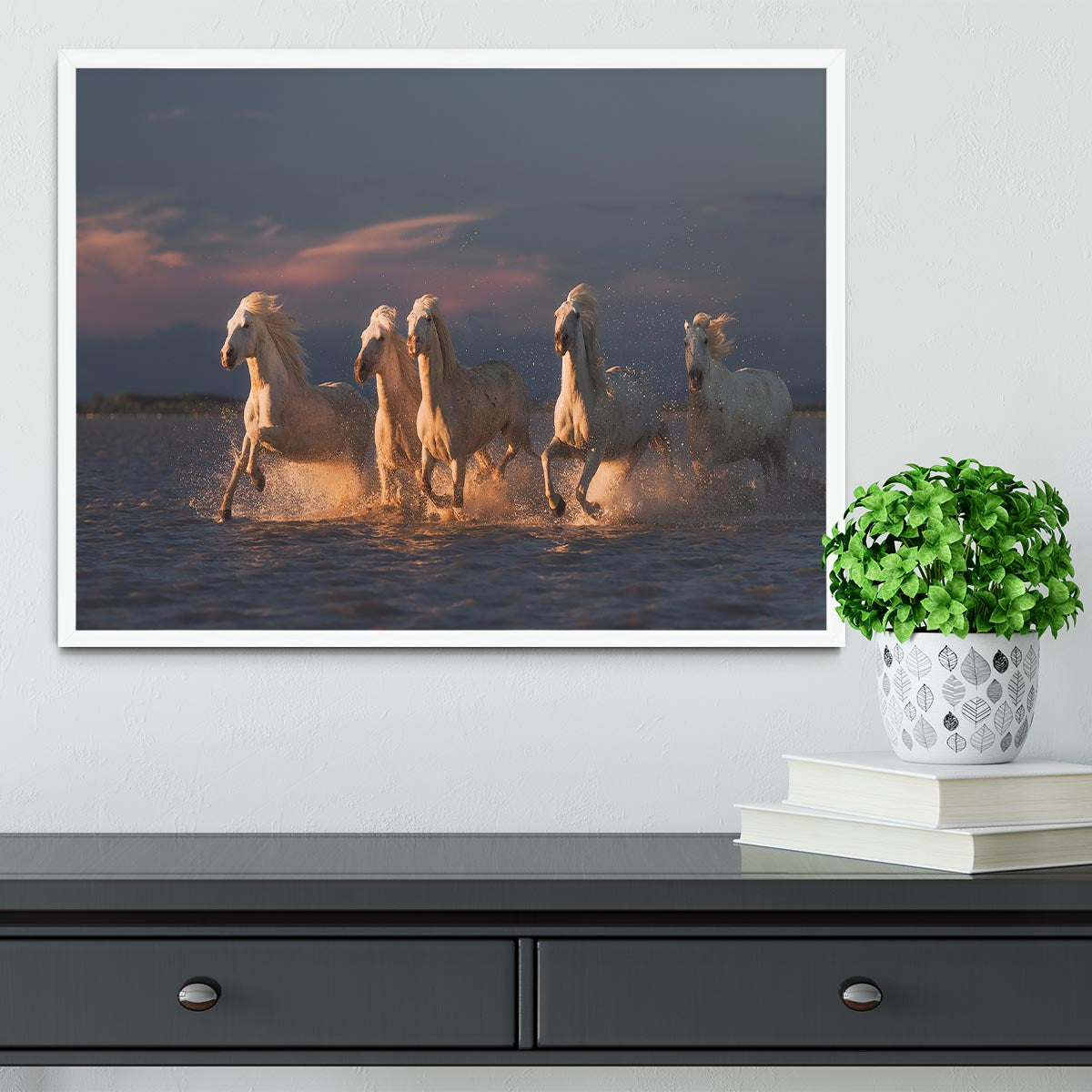 Camargue horses on sunset Framed Print - Canvas Art Rocks -6