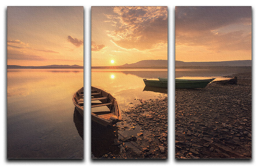 Rowing Boats In The Sunset 3 Split Panel Canvas Print - Canvas Art Rocks - 1