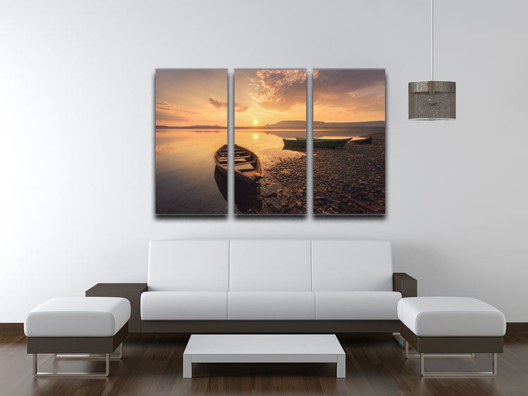 Rowing Boats In The Sunset 3 Split Panel Canvas Print - Canvas Art Rocks - 3