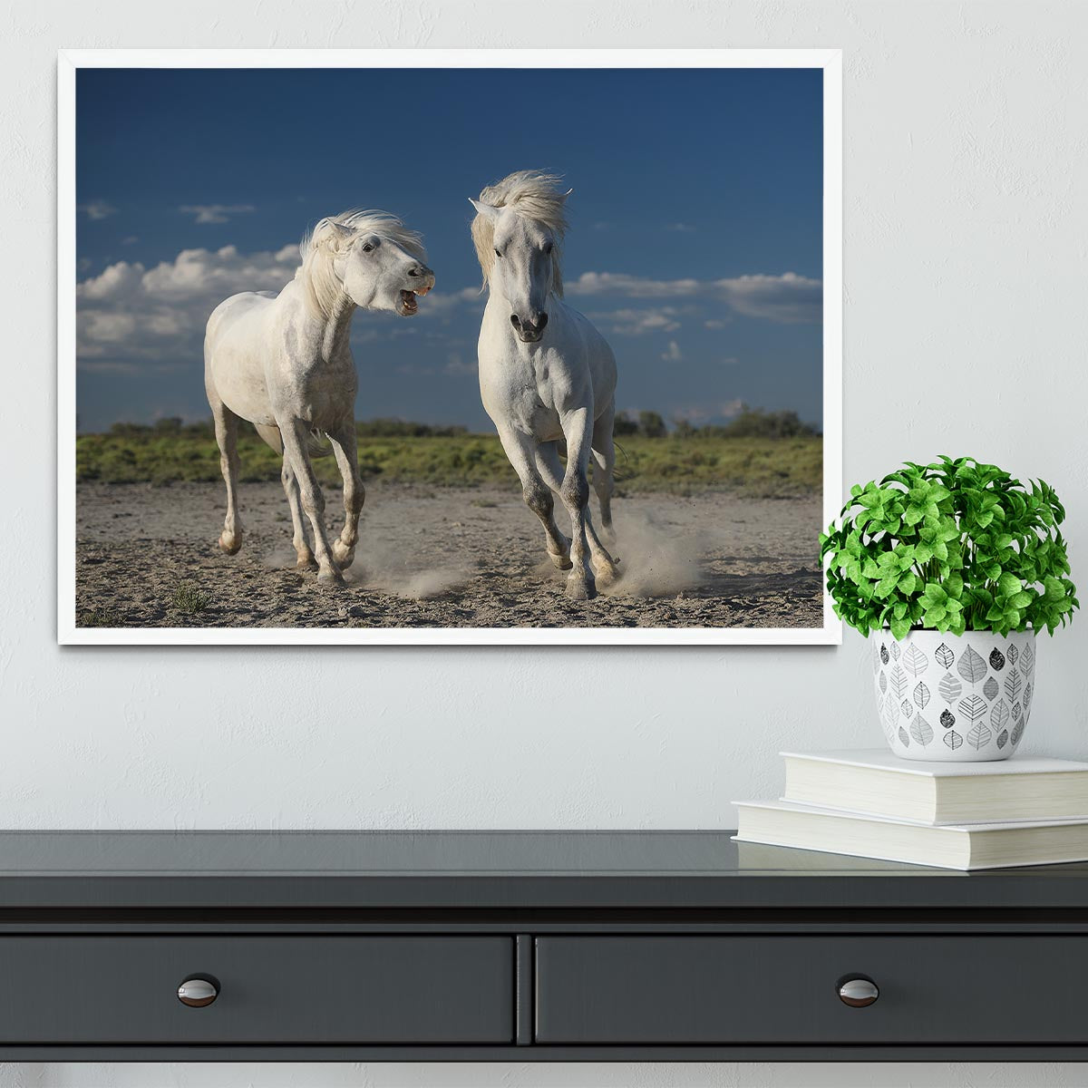 White Beach Horses Framed Print - Canvas Art Rocks -6