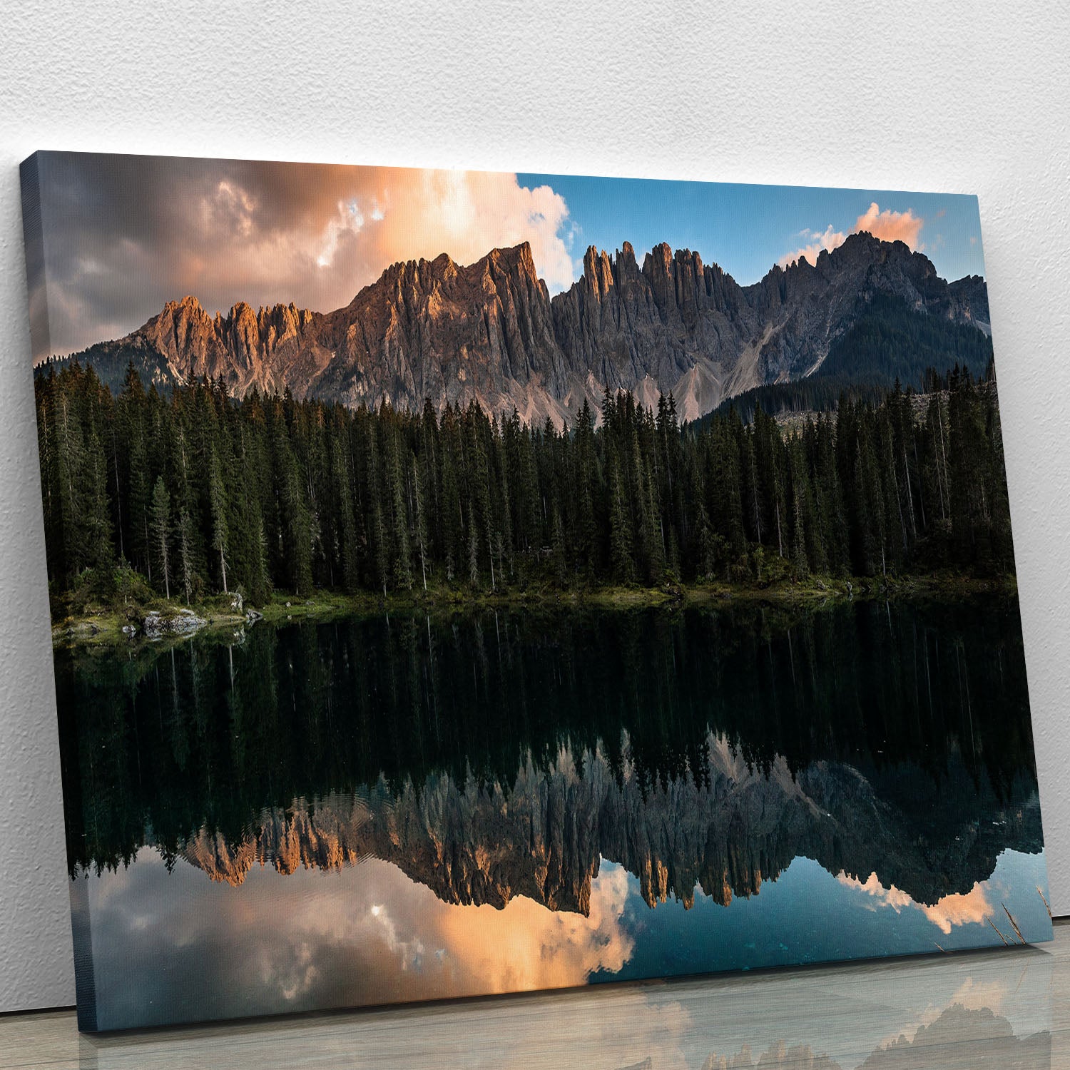 Sunset At Lake Carezza Canvas Print or Poster - Canvas Art Rocks - 1