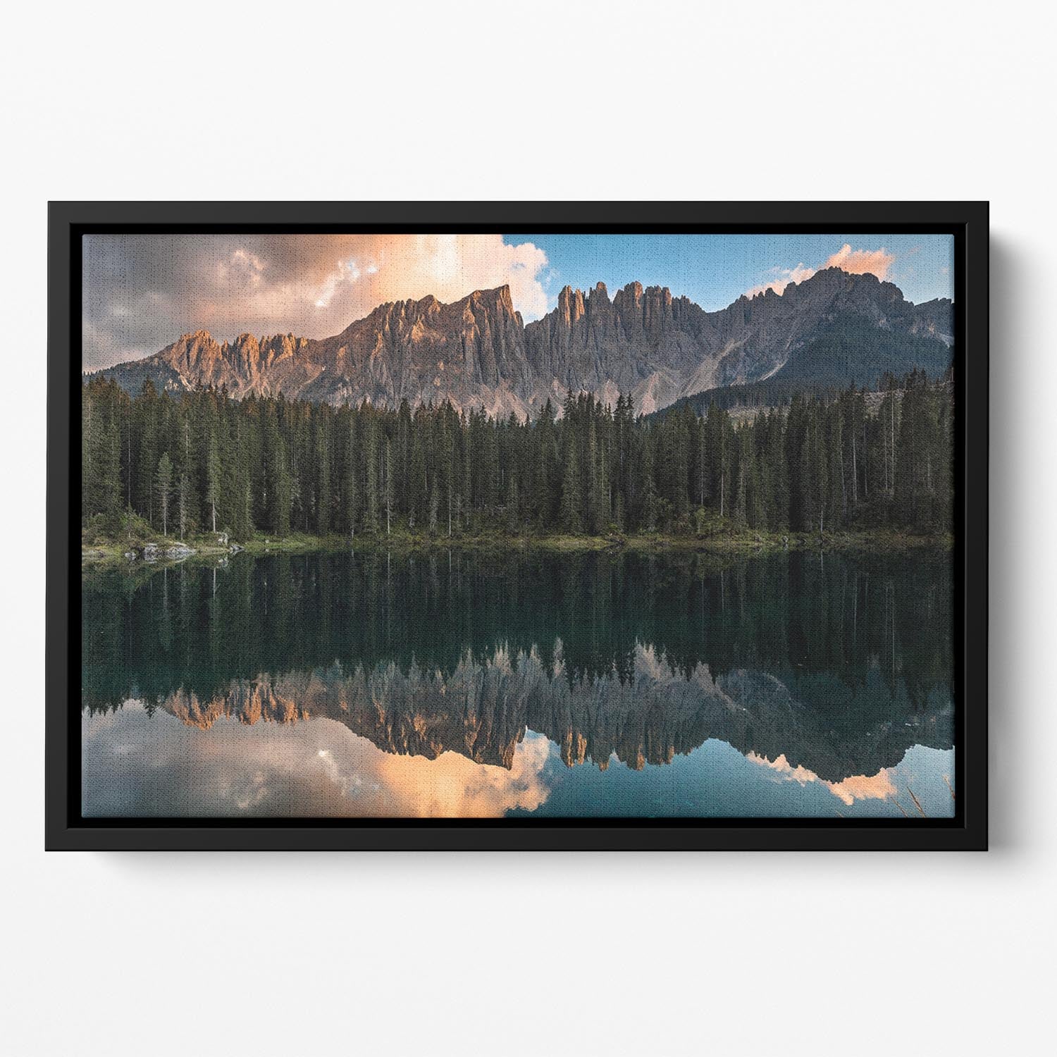 Sunset At Lake Carezza Floating Framed Canvas - Canvas Art Rocks - 2