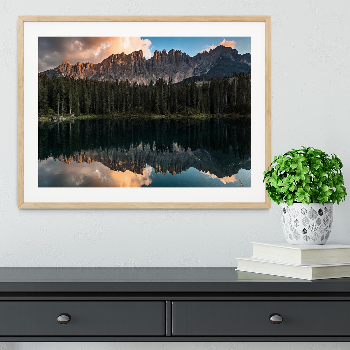 Sunset At Lake Carezza Framed Print - Canvas Art Rocks - 3