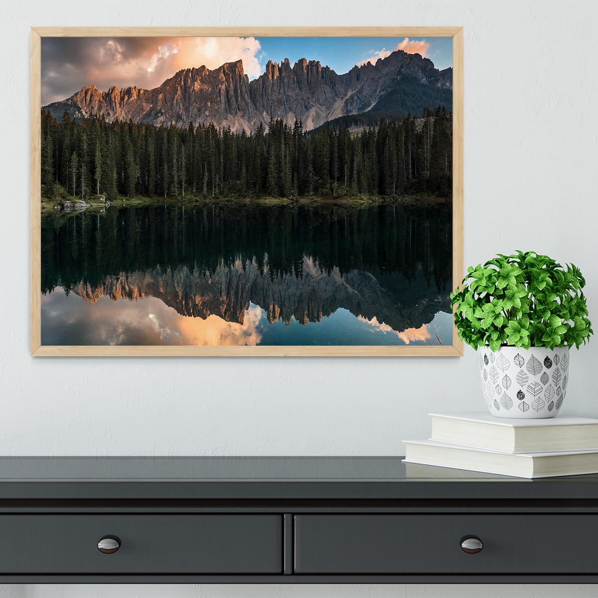 Sunset At Lake Carezza Framed Print - Canvas Art Rocks - 4