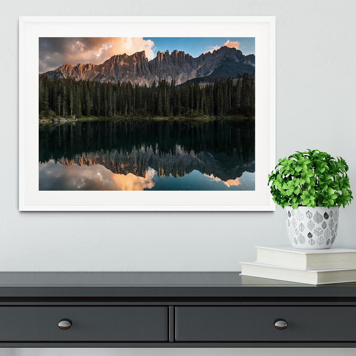 Sunset At Lake Carezza Framed Print - Canvas Art Rocks - 5