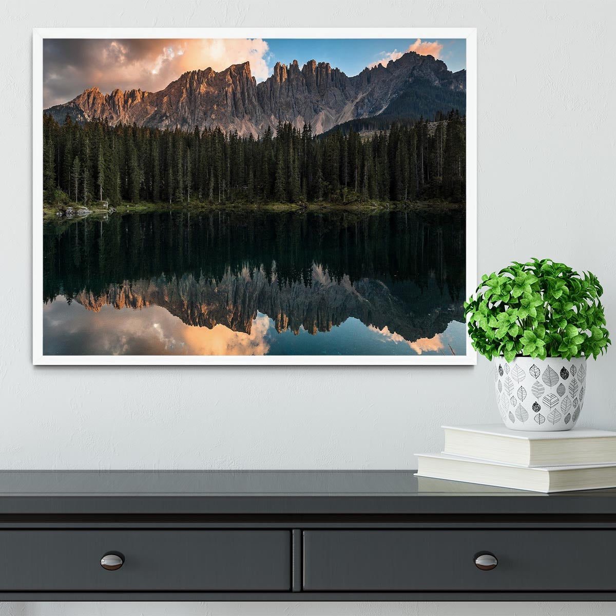 Sunset At Lake Carezza Framed Print - Canvas Art Rocks -6