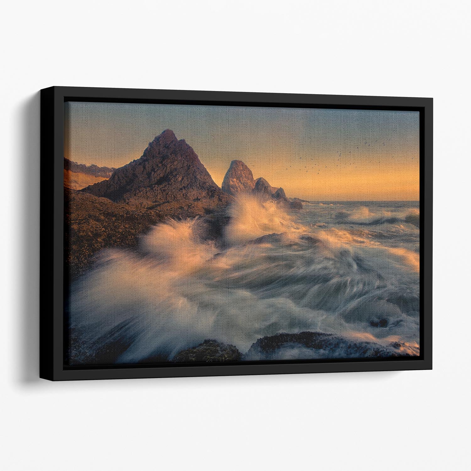 Waves Crashing Into Cliff Floating Framed Canvas - Canvas Art Rocks - 1